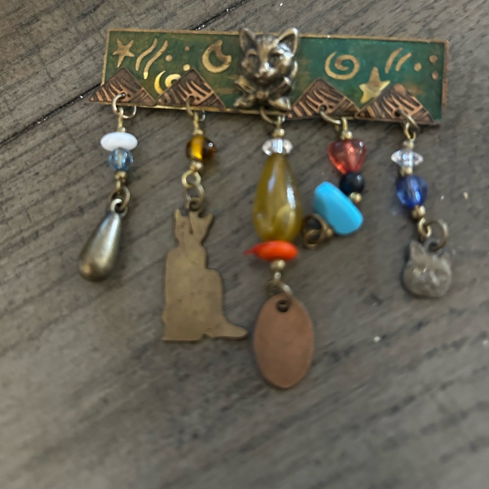 Cat Themed Vintage Brooch with Charms